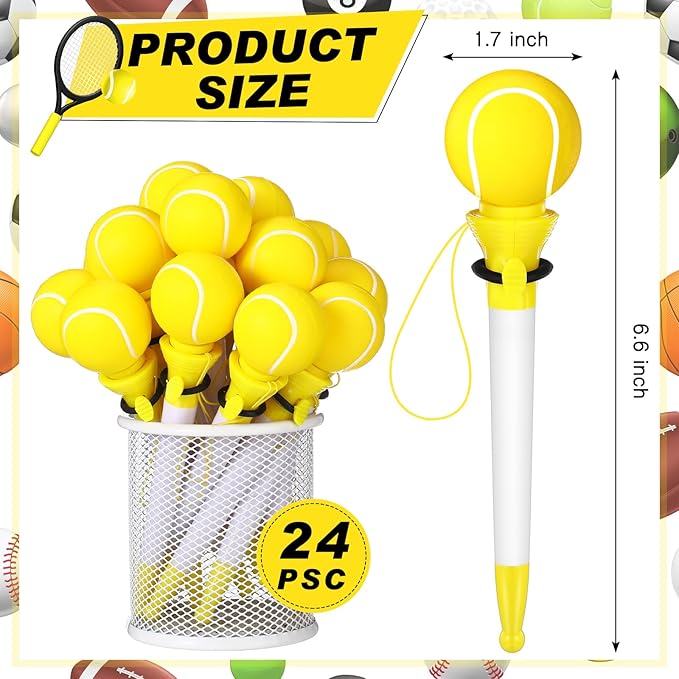 Lincia 24 Pcs Sport Funny Pen Hoop Ballpoint Novelty Bulk Plastic Sports Soccer Basketball Baseball Football Tennis Golf Themed Pen for Birthday Party School Award Party Favor Supplies(Tennis)