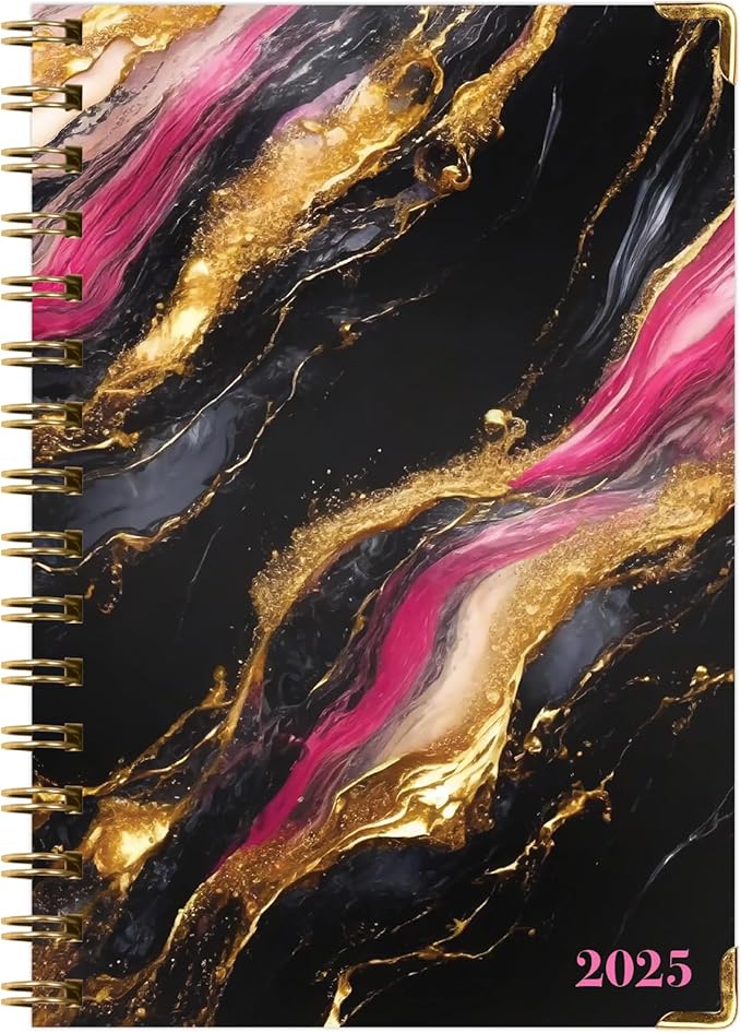 HARDCOVER 2025 Planner, 5.5"x8": 14 Months (November 2024 - December 2025), Daily Weekly Monthly Planner, Yearly Agenda, Bookmark, Pocket Folder and Sticky Note Set (Dark Gold Marble)