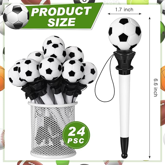 Lincia 24 Pcs Sport Funny Pen Hoop Ballpoint Novelty Bulk Plastic Sports Soccer Basketball Baseball Football Tennis Golf Themed Pen for Birthday Party School Award Party Favor Supplies(Soccer)