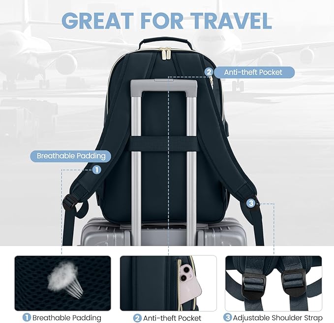 LOVEVOOK Leather Backpack for Women,15.6 inch Leather Laptop Backpack Women Computer Backpack Laptop Bag,Stylish Quilted Travel Backpack Purse Work Bag Teacher Backpack with USB Port,Dark Blue-green