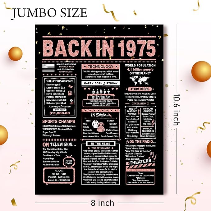 50th Birthday Card, 50th Birthday Gifts for Women, 50th Birthday Decorations for Her, Back in 1975 Birthday Card, Rose Gold