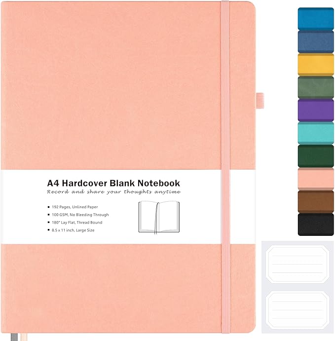 Blank Notebook, Hardcover Sketch Book, 8.5 x 11 Large Blank Journal, No Bleed Thick Paper Sketchbook for Drawing, Unlined Notebook Journal for Women Men School, A4 Leather Sketchbook, Lay Flat, Pink