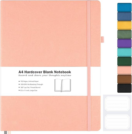 Blank Notebook, Hardcover Sketch Book, 8.5 x 11 Large Blank Journal, No Bleed Thick Paper Sketchbook for Drawing, Unlined Notebook Journal for Women Men School, A4 Leather Sketchbook, Lay Flat, Pink