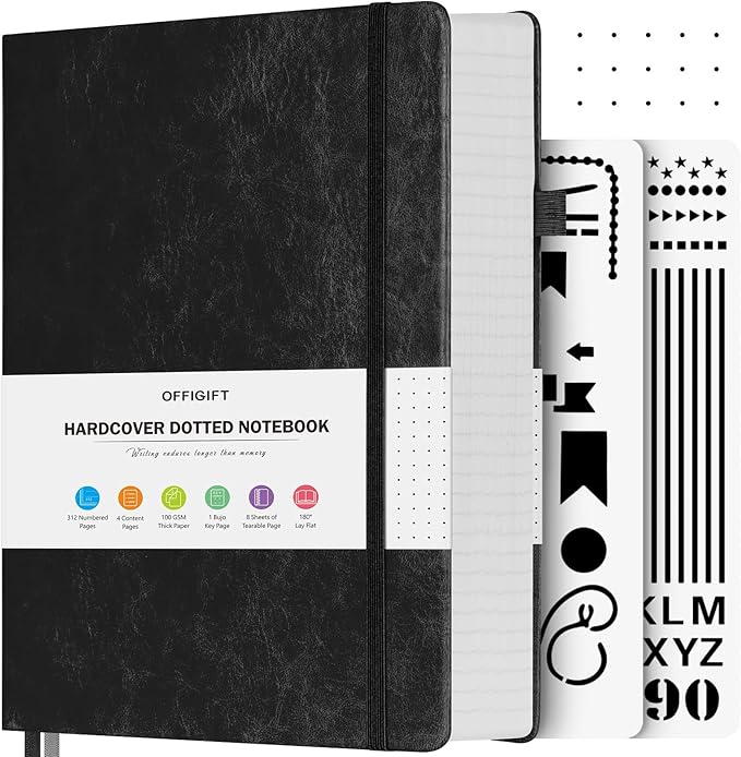Bullet Dotted Journal Notebook, 312 Numbered Pages A5 Hardcover Leather Journal, 100gsm No Bleed Paper Dot Grid Notebook with Index Pages, Dot Journal for Women Men, 5.75" x 8.38", Black