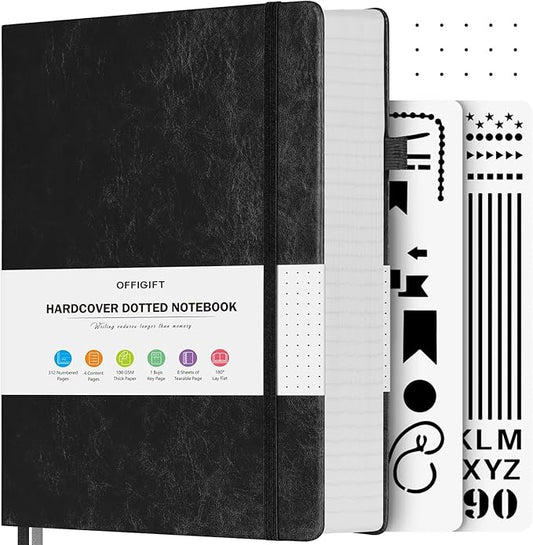 Bullet Dotted Journal Notebook, 312 Numbered Pages A5 Hardcover Leather Journal, 100gsm No Bleed Paper Dot Grid Notebook with Index Pages, Dot Journal for Women Men, 5.75" x 8.38", Black