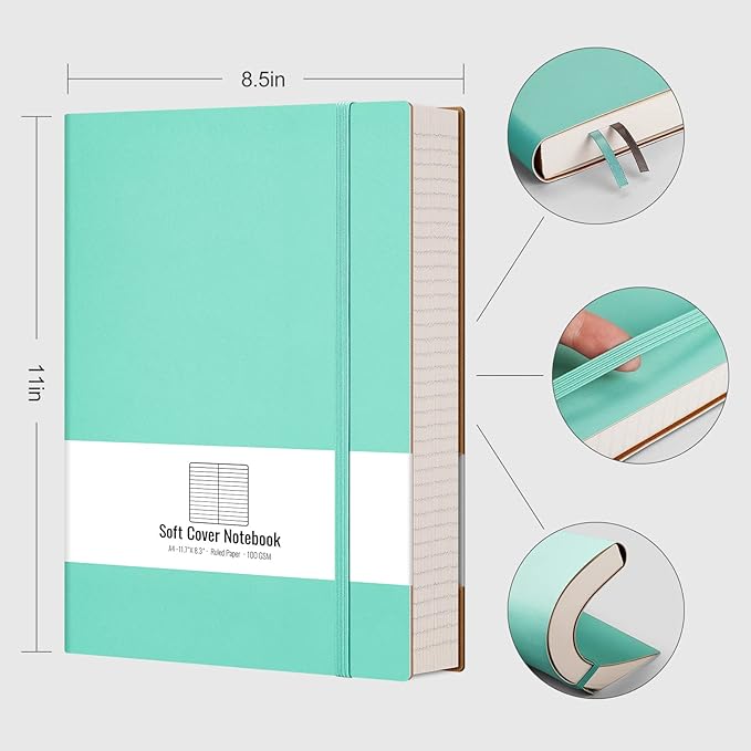 AHGXG A4 Notebooks College Ruled - 320 Pages Large Notebooks for Work, 8.5''×11'', 100gsm Thick Paper, Leather Softcover Thick Journal for Women Writing - Mint