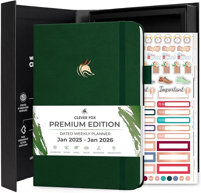 Clever Fox Dated Planner Premium Edition – 2025-2026 Weekly Planner for Planning, Goal Setting & Time Management – Planner Notebook with Habit Tracker & to-do List – A5 Size (Forest Green)