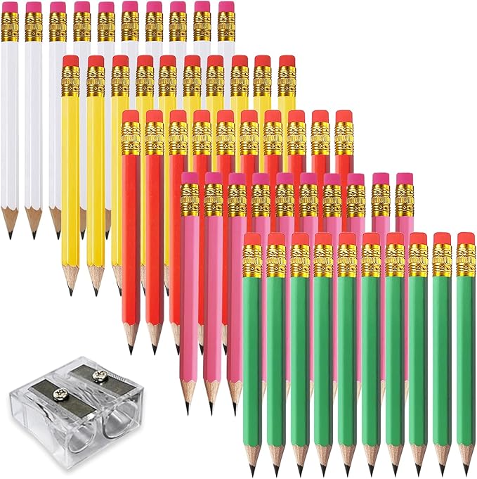 Adhere 25pcs Golf Pencils with eraser Hexagon Wooden Pencils Graphite 2B for Golf Event Scoring,Classroom,Wedding,Company Meetings,Pew, Pocket (Z- White・Pink・Red・Yellow・Light green・50pcs)