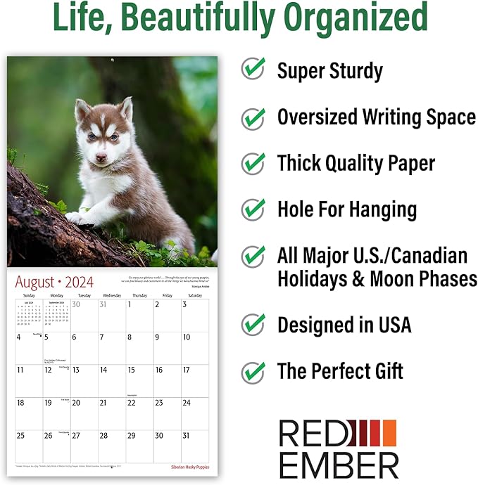 RED EMBER Siberian Husky Puppies 2024 Wall Calendar 12 Month | 12" x 24" Open | Thick & Sturdy Paper | Giftable | Calendar 2024