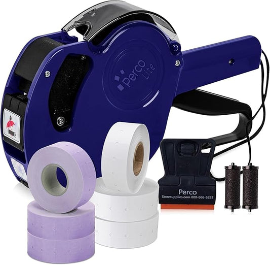 Perco Lite 1 Line Price Gun with Labels Kit - Includes 3 White Rolls, 3 Purple Rolls, 2 Ink Rollers, 1 Ink roll and Labels Pre-Loaded