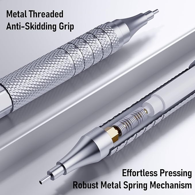 Four Candies Metal Mechanical Pencil Set, 3PCS Art Drafting Pencils 0.5, 0.7, 0.9MM & 2PCS 2MM Mechanical Drawing Pencils with 420PCS Leads (4B 2B HB 2H Color) for Writing Sketching Drawing (Silver)