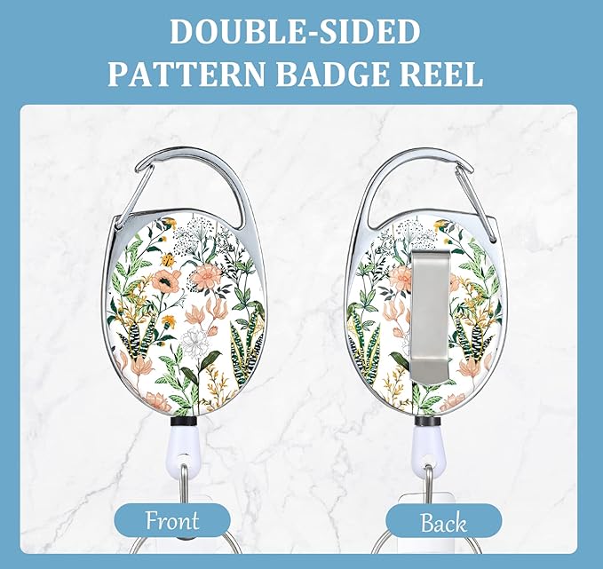 Badge Reels Retractable，Double Sided Color Print Pattern Retractable Badge Holders，with Retractable Keychain, Badge Clip and Key Ring，Durable Nylon Retractable Rope，White Flower