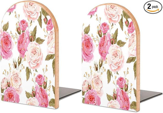 2 Pack Wood Bookends, Pink Floral Flower Rose Non-Skid Book Ends for Heave Books, Decorative Bookends for Shelves Desk, Book Stoppers Book Holders for Home Office Library School