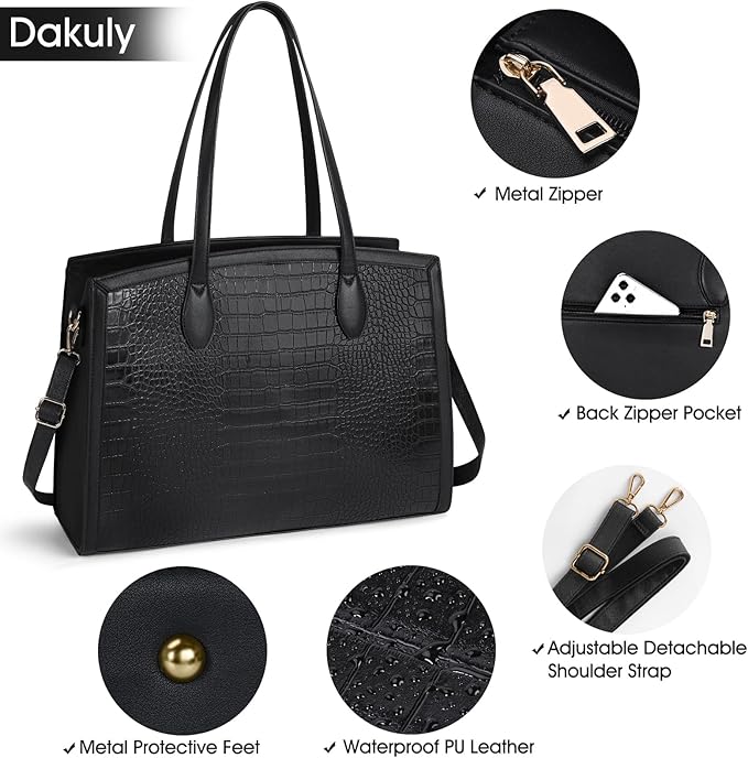 Laptop Bag for Women 15.6 Inch Laptop Tote Bags PU Leather Lightweight Womens Computer Bag Office Shoulder Bag Handbag Large Capacity Fashion Work Briefcase Bag 2PCs Black Crocodile Pattern
