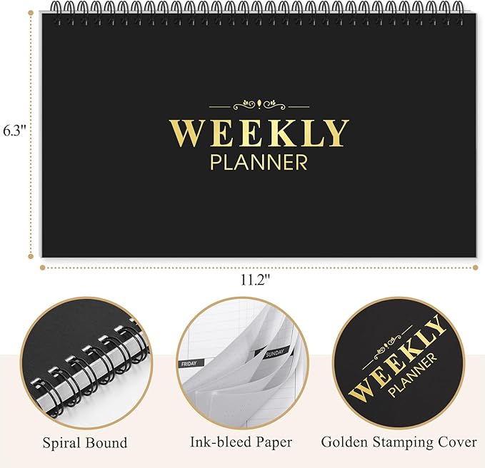 Weekly Planner, Black Undated Planner with Habit Tracker & Weekly Priorities, 6.3'' x 11.2'', To Do List Notebook with Dotted Pages for Organizing