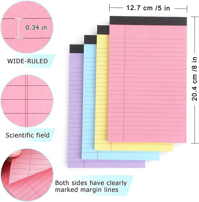 ZZTX Legal Pads Note Pads 5 x 8 Inch Lined Writing Pads, 50 Sheets Per Writing Pad, 4 Pack (Multicolor)