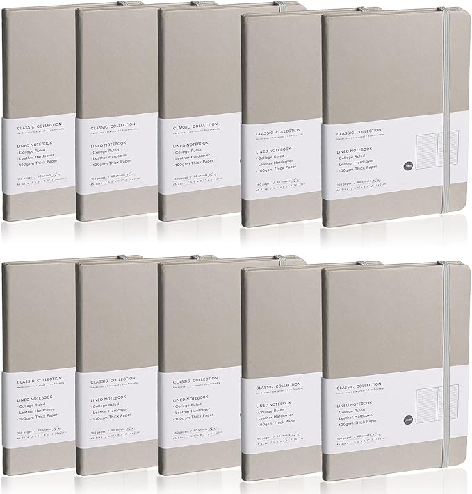 Lined Journal Notebook, 10Pack(Grey), 160 Pages, Medium 5.7 inches x 8 inches - 100 gsm Thick Paper, Hardcover