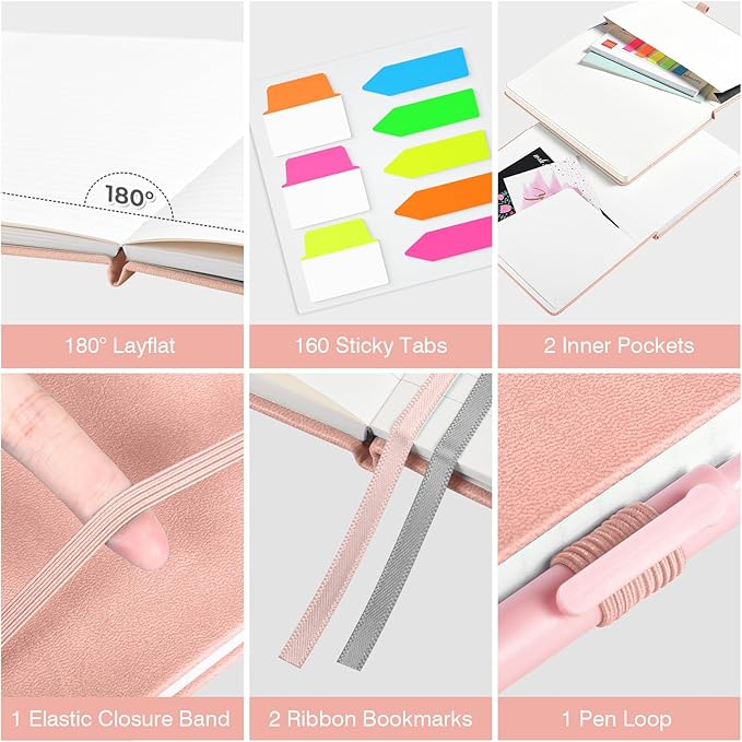 OMEYA Lined Journal Notebook, 3 Pack A5 College Ruled Notebooks for Work, Hardcover Notebook Each with 2 Pockets & Pen, Leather Journal for Women, Men, 160 Pages, 100GSM Thick Paper (Pink)