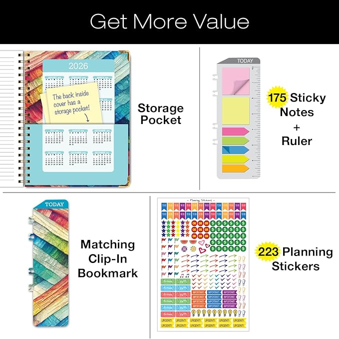 HARDCOVER 2025 Planner, 8.5"x11": 14 Months (November 2024 - December 2025), Daily Weekly Monthly Planner, Yearly Agenda, Bookmark, Pocket Folder and Sticky Note Set (Rainbow Oak)