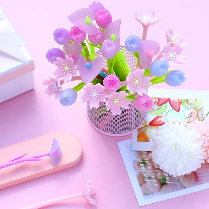 18 Pieces Color Changing Flower Pens Colorful Gel Ink Ballpoint Rose Pens for School Home Office Presents(Cherry Blossom Tulip Calla Lily Style)