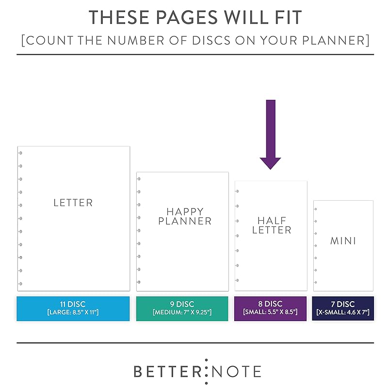BetterNote Horizontal Undated Calendar Refill Pages for Disc Notebook, fits The Happy Planner, Discbound Levenger Circa, Staples Arc, TUL (Whimsy- 6 months, 8-Disc, 5.5"x8.5")
