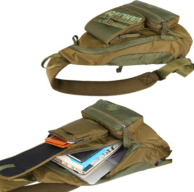 Larswon Sling Bag with USB Charging Port, Sling Backpack USB, Shoulder Backpack, Large Crossbody Bag, Chest Bag Large Army Green