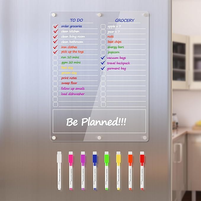 Acrylic Grocery List Magnet Pad for Fridge, Reusable to Do List for Refrigerator, Clear Notepad Note Planning Board, Shopping List, Reminders, w/ 8 Colors Markers, 15"x11"