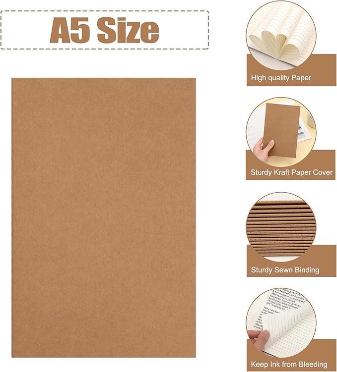 EOOUT 16 Pack A5 Kraft Notebook Journals for Writing 8.3x5.5 Inches Size College Ruled Subject Notebooks 60 Pages with Lined Paper Students and Office Composition Notebook