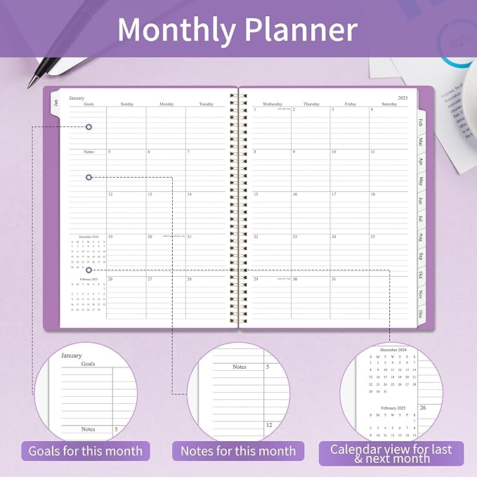 2025 Planner Weekly and Monthly, Calendar Planner with Monthly Tabs, 2025 Weekly Planner from Jan 2025 - Dec 2025, Weekly Monthly Planner with Spiral Binding- 8.5" x 11", Purple
