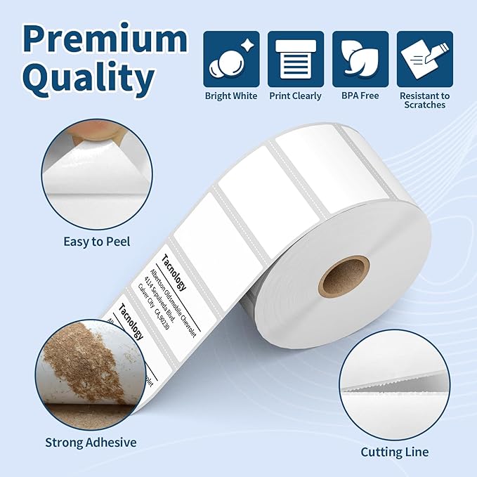 Tacnology 24 Rolls 2" X 1" Direct Thermal Labels - Perforated Barcode Replacement Labels - Compatible with Rollo & Zebra Desktop Printers - FBA Adhesive Address Shipping Labels- 1300 Labels/Roll