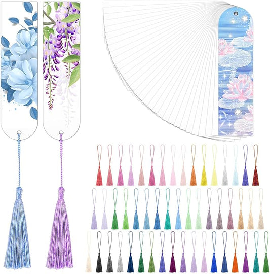 Sublimation Bookmark Blank Double Sided - 50Pcs Metal Bookmark Blanks Bulk + 50 Colors Bookmark Tassels, Bookmark Making Kit, for DIY Bookmarks, Book Lovers, Crafts, Reading Gifts