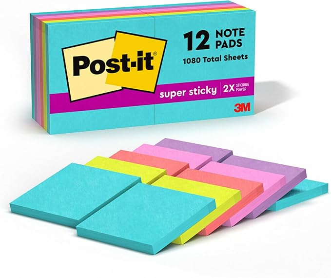 Post-it Super Sticky Notes, 12 Sticky Note Pads, 3 x 3 in., School Supplies, Office Products, Sticky Notes for Vertical Surfaces, Monitors, Walls and Windows, Supernova Neons Collection