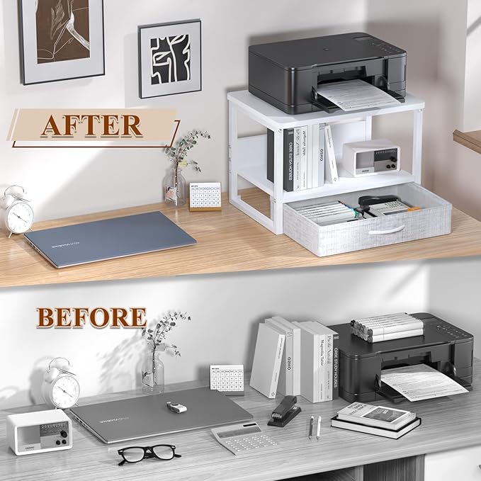 MARTY Printer Stand with Storage Drawer for Desk, 2-Tier Desktop Printer Stand Shelf Organzier for Home Office Printer Riser Under Desk Small Printer Table for Fax Machine Copier Scanner (White)