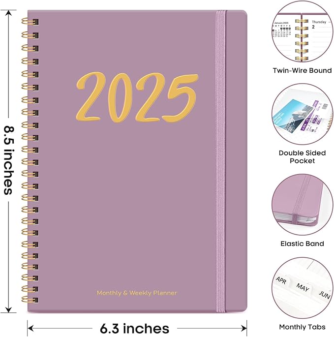 2025 Planner, Weekly and Monthly Planner Spiral Bound, Jan 2025 - Dec 2025, Hardcover 2025 Calendar Planner Book with Tabs, Inner Pocket, Perfect for Office Home School Supplies - A5 (6.3" x 8.5"), Purple