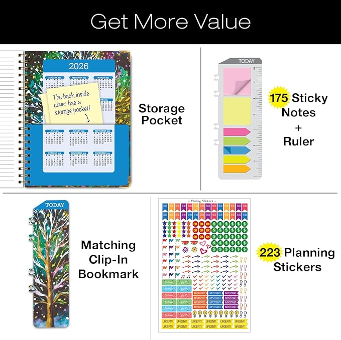 HARDCOVER 2025 Planner, 8.5"x11": 14 Months (November 2024 - December 2025), Daily Weekly Monthly Planner, Yearly Agenda, Bookmark, Pocket Folder and Sticky Note Set (Black Tree Seasons)