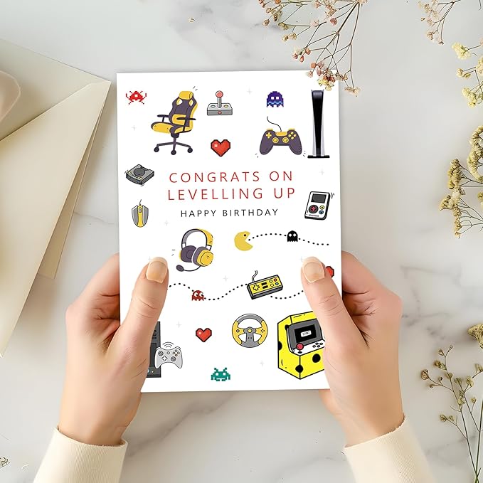 Happy Birthday Gaming Letterpress Card for Him Her, Funny Gamer Birthday Card for Son Daughter, Unique Game Boy Birthday Card, Game Birthday Party Decorations for Brother Boyfriend Husband