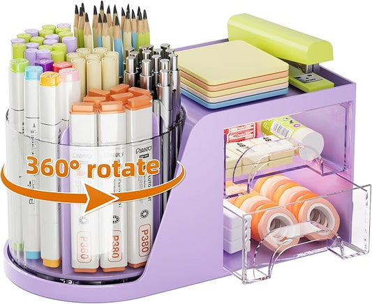 Marbrasse Desk Organizer with 2 Drawer, 360 Rotating Pen Holder, 6 Slots Pencil Organizer + 2 Drawer, Art Supply Storage Box Caddy for Office (Purple)