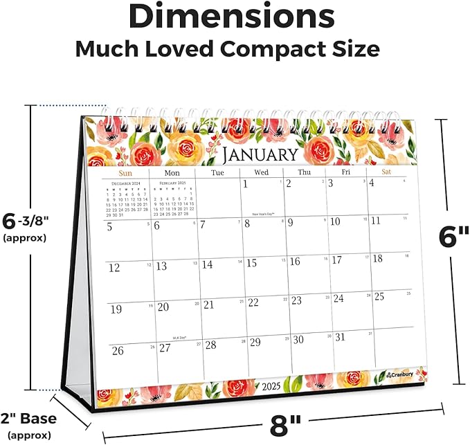 CRANBURY Standing Desk Calendar 2025 8x6 (Floral), Small Stand Up Calendar with Gorgeous Flower Designs, Compact Monthly Flip Popup Desktop Calendar