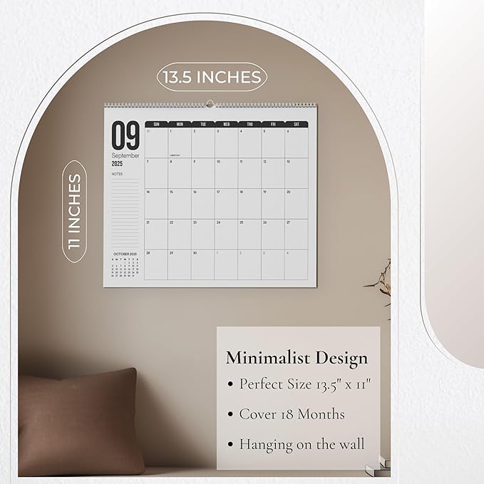 Makaplan Black & White Horizontal Coil Wall Calendar 2025-18 Month Calendar January 2025 to June 2026, 11x13.5 Inches Sleek Black & White Design with Spiral Twin-Wire Binding