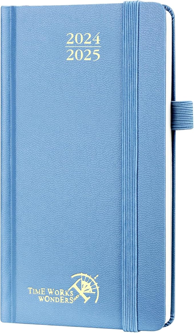 POPRUN Pocket Calendar 2024-2025 for Purse 3.5''x6.5'' Hardcover (17-Month: Aug.24 to Dec.25) Small Academic Planner Daily Weekly Monthly Agenda with Pen Holder, Ivory Paper - Haze Blue