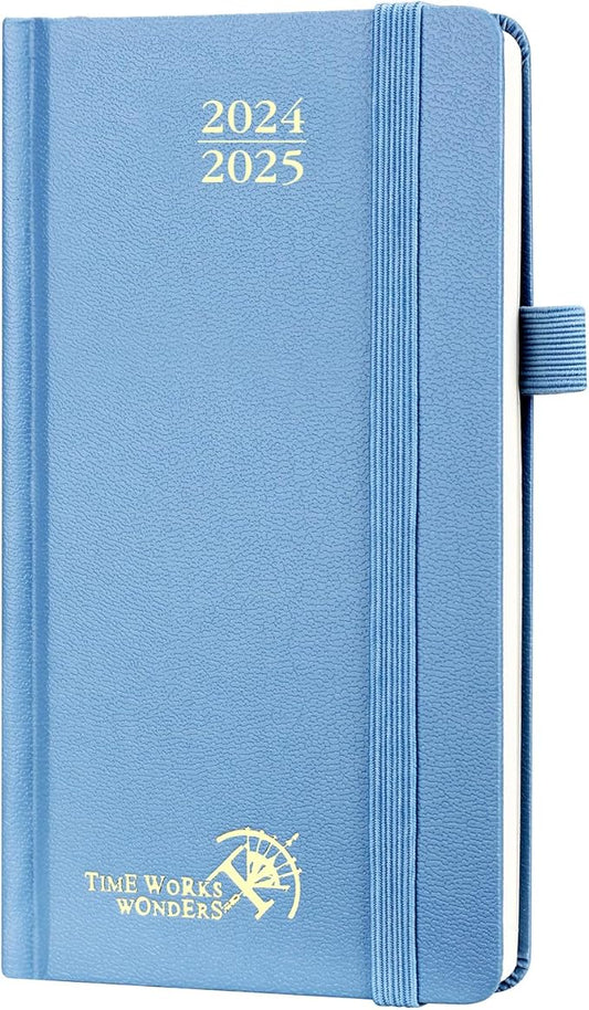 POPRUN Pocket Calendar 2024-2025 for Purse 3.5''x6.5'' Hardcover (17-Month: Aug.24 to Dec.25) Small Academic Planner Daily Weekly Monthly Agenda with Pen Holder, Ivory Paper - Haze Blue