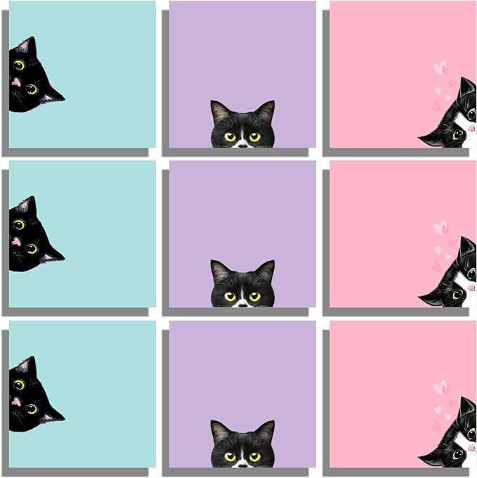 9 Pads Black Cat Sticky Notes Set, Pink Self-Stick Note Pads, Cute Memo Pads Super Adhesive Note Card for Cat Lover Gift, Teacher Office and School Supplies, 3x3in