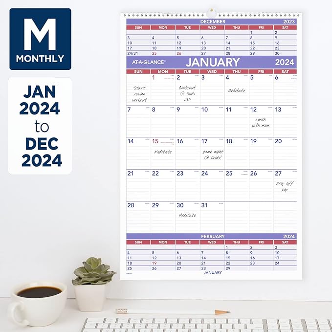 AT-A-GLANCE 2024 Wall Calendar, 15-1/2" x 22-3/4", Large, 3-Month, Wirebound (PM62824)