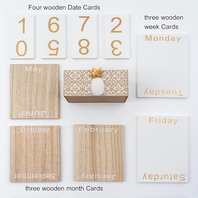 Notakia Vintage Wood Block Perpetual Calendar Month Week Date Display for Home Office Desk Rustic Decoration, Brown pineapple