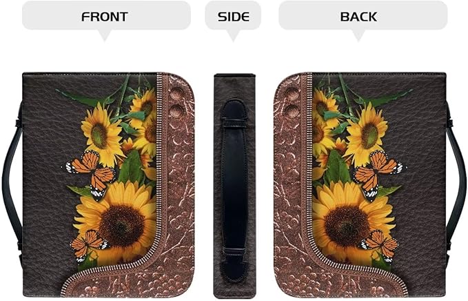 Lotusorchid Bible Covers for Women Men PU Leather Bible Case, Portable Sunflower Butterfly Bible Bag Tote Book Carrying Case Christian Bible Accessories with Handle Pocket, Brown,M