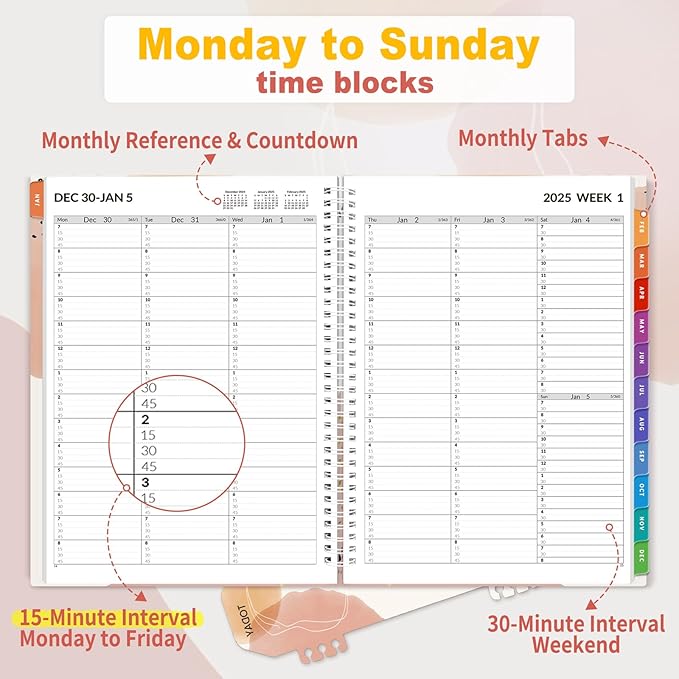 SUNEE 2025 Appointment Book, Quarter-Hourly, Weekly & Monthly - from January 2025 - December 2025, 8.5"x11" Weekly Planner, Flexible Cover, Note Pages, Pockets, Bookmark, Spiral Binding, Pink Breeze