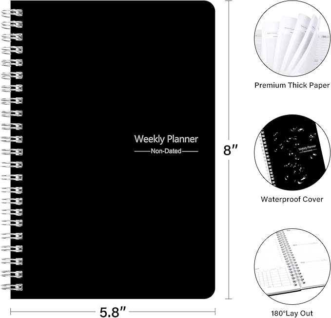 KMQOY Weekly Planner - Undated 52-Week To Do List Planner with Habit Tracker Spiral Weekly Planner for Weekly Goals/Work Planner, 5.8" * 8" - black