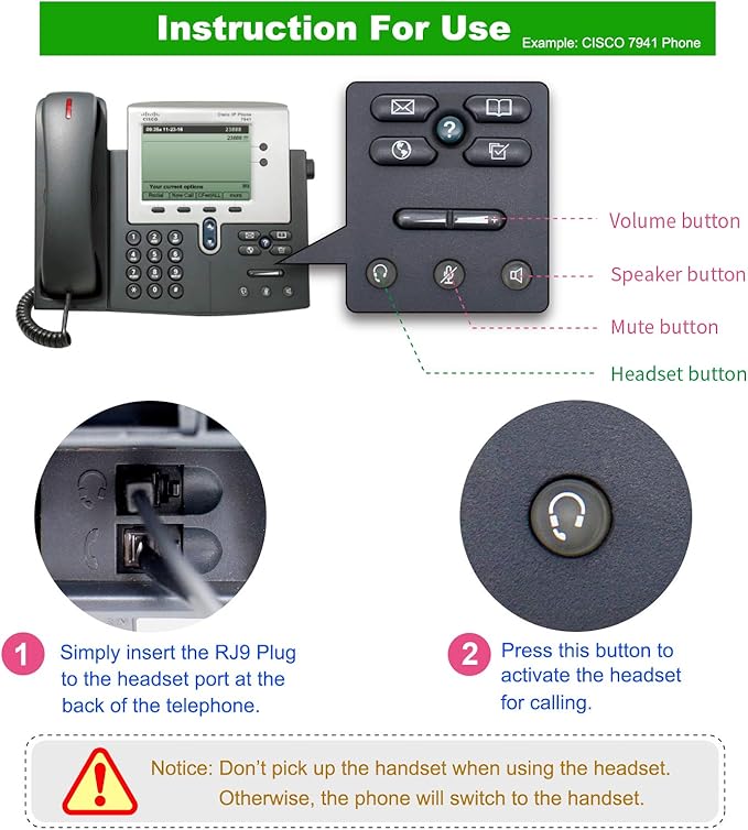 VoiceJoy Office Headset with RJ9 Plug for Cisco IP Phones 7940 7960 7970 6921 Series 8811,8841,8851,8861,8941,8945,8961,9951,9971 etc