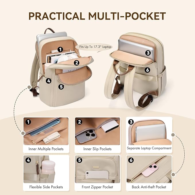 Laptop Backpack for Women Travel Work Commute Casual Daypack Backpack Purse Computer Bags Fit 16 Inch Notebook (Apricot)