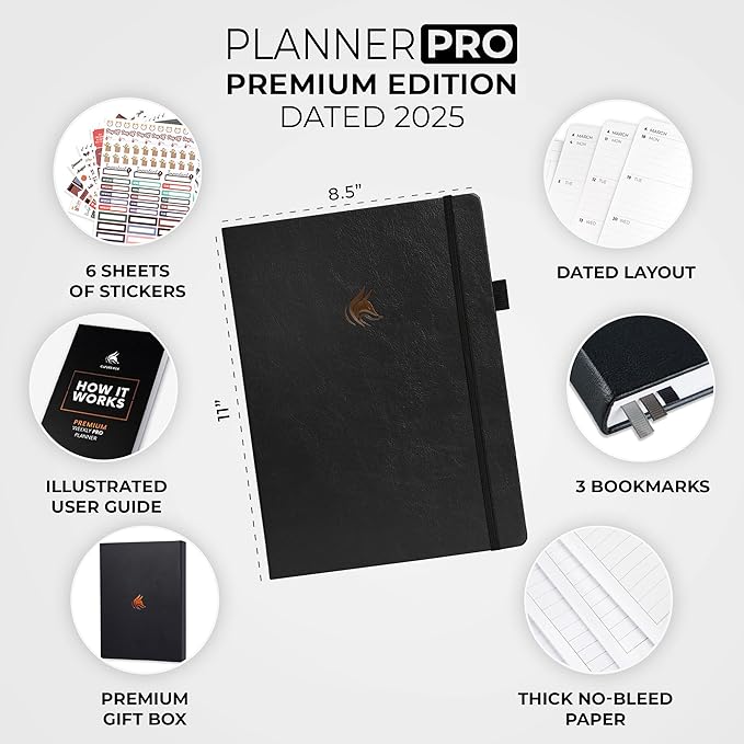 Clever Fox Planner PRO Premium Jan 2025-Jan 2026 – Luxurious Weekly, Monthly & Budget Agenda Organizer for Productivity & Reaching Goals, A4 Hardcover + Keepsake Box – Black